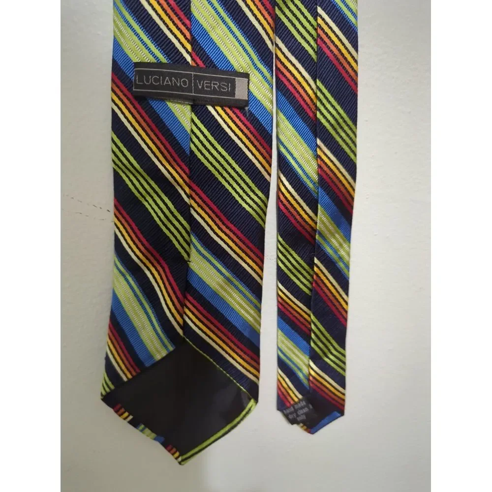 Luciano Versi Mens Silk‎ Tie Multi Color Diagonal Stripe Navy Blue Hand Made